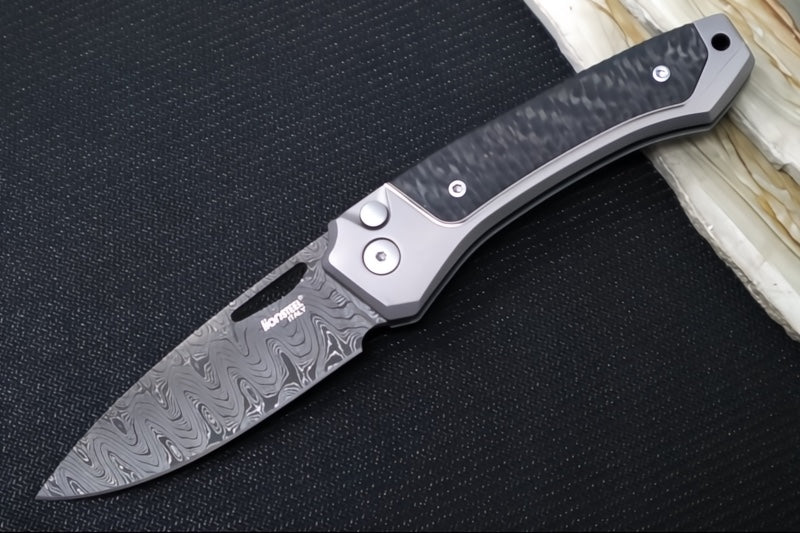 Lionsteel Twain Solid Button Lock Folder - Drop Point Blade / Scrambled Chad Nichols Damascus Steel / Gray Titanium Handles with Integral Carbon Fiber Inlay TW-D-GY