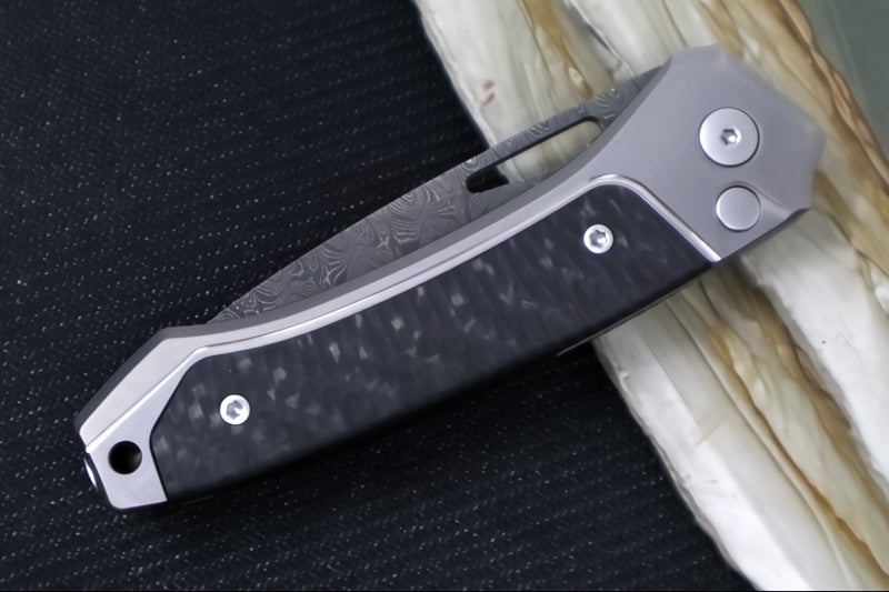 Lionsteel Twain Solid Button Lock Folder - Drop Point Blade / Scrambled Chad Nichols Damascus Steel / Gray Titanium Handles with Integral Carbon Fiber Inlay TW-D-GY
