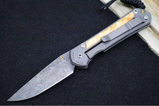 Chris Reeve Knives Small Sebenza 31 LEFT HAND - Drop Point / Box Elder Inlay / Chad Nichols Raindrop Damascus (A1)