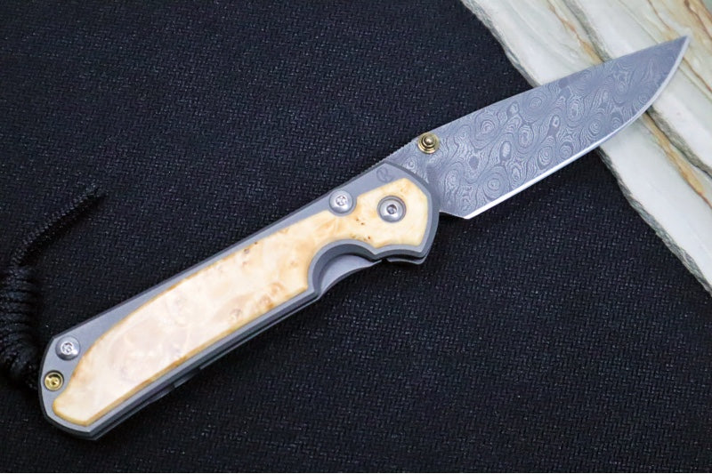 Chris Reeve Knives Small Sebenza 31 LEFT HAND - Drop Point / Box Elder Inlay / Chad Nichols Raindrop Damascus (A1)