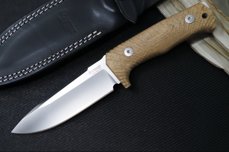Lionsteel T5 Fixed Blade -  Natural Canvas Micarta Handle / Niolox Steel / Black Leather Sheath T5-CVN
