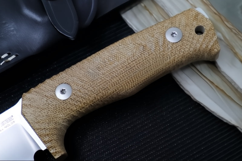Lionsteel T5 Fixed Blade -  Natural Canvas Micarta Handle / Niolox Steel / Black Leather Sheath T5-CVN
