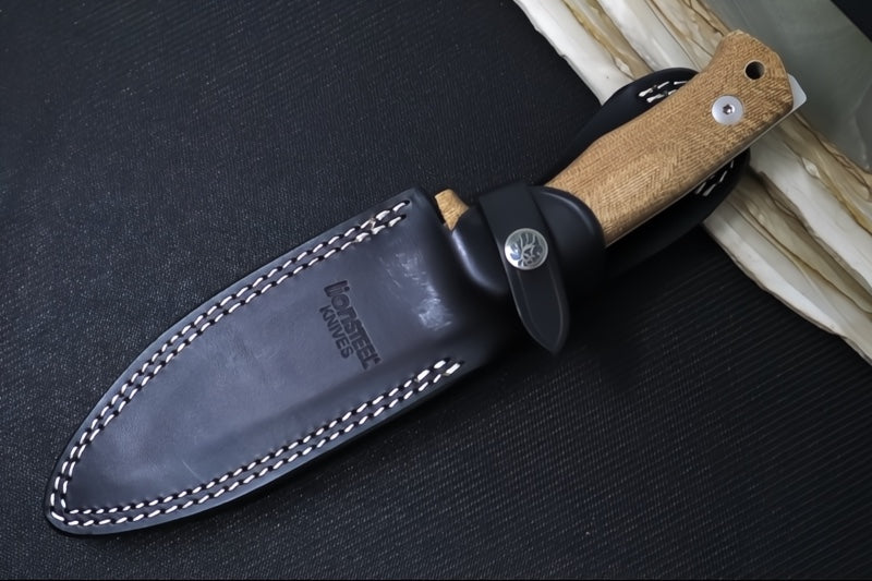 Lionsteel T5 Fixed Blade -  Natural Canvas Micarta Handle / Niolox Steel / Black Leather Sheath T5-CVN