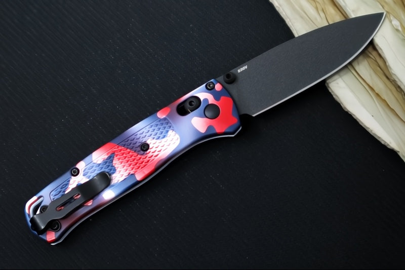 Benchmade 535BK-08 Bugout "American Camo" Custom - CPM-S30V Steel / Drop Point Blade / Cobalt Black Cerakote Finish / "American Camo" Cerakoted Textured Grivory Handle
