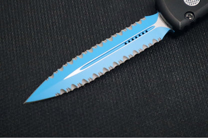 Microtech Ultratech Signature Series Jedi Knight OTF - Dagger Style with Full Serratons / Cerekoted Blue Blade / Black Trim-Grip Handle 122-3JK