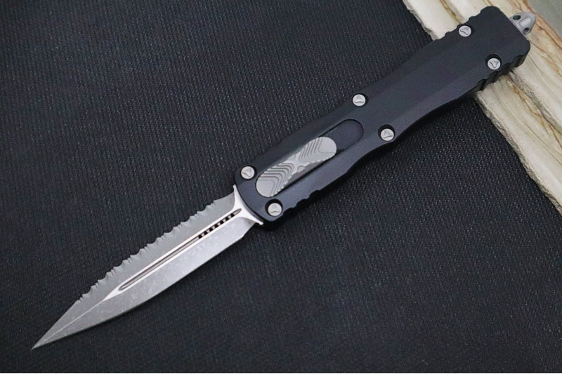 Microtech Dirac Delta OTF - ApocalyptiC Finish / Full Serrated Dagger Blade / Black Aluminum Handle 227-12AP