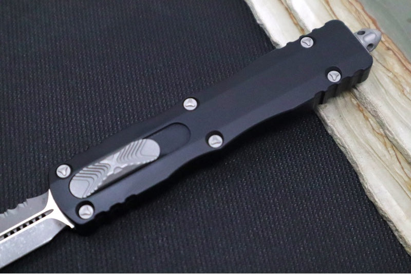 Microtech Dirac Delta OTF - ApocalyptiC Finish / Full Serrated Dagger Blade / Black Aluminum Handle 227-12AP
