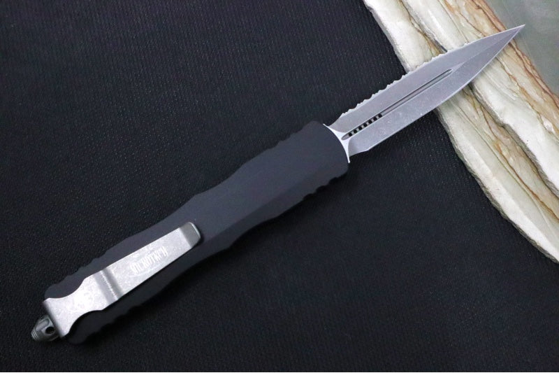 Microtech Dirac Delta OTF - ApocalyptiC Finish / Full Serrated Dagger Blade / Black Aluminum Handle 227-12AP
