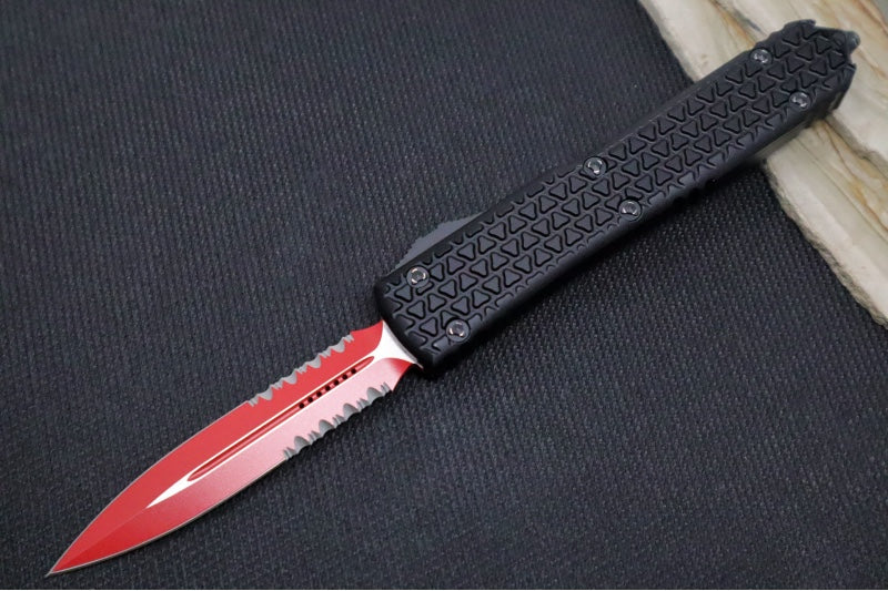 Microtech Ultratech Signature Series Sith Lord OTF - Dagger Blade with Partial Serrates / Cerekoted Red Blade / Black Trim-Grip Handle / Ringed Hardware 122-2SL