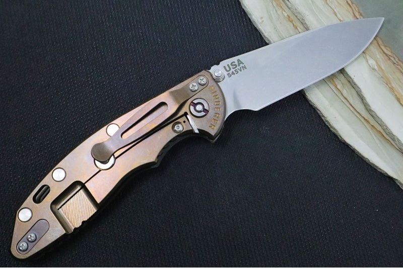 Rick Hinderer Knives XM-18 3.5" Nonflipper - Bronze Stonewashed Finish / Slicer Blade / Translucent Green G10 Handle