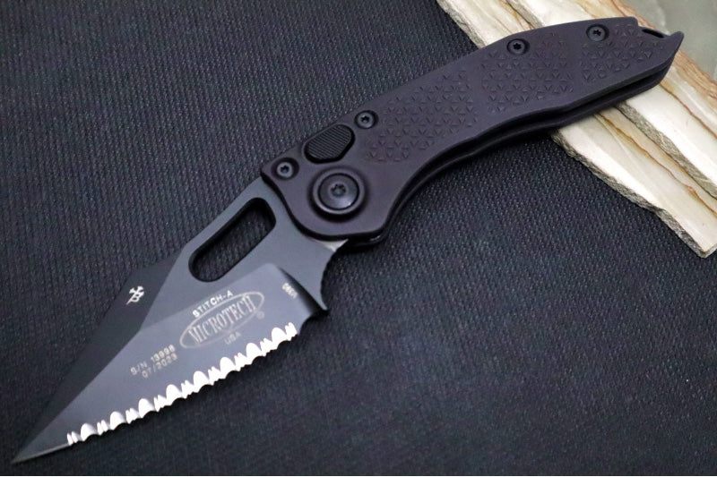 Microtech Stitch Auto Tactical - Wharncliffe Black Blade with Full Serrate / Black Aluminum Handle 169-3T - Northwest Knives