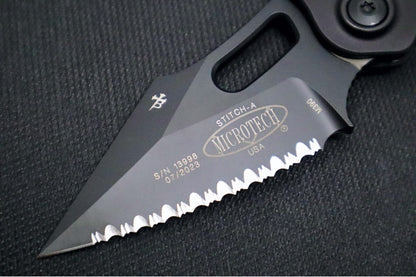 Microtech Stitch Auto Tactical - Wharncliffe Black Blade with Full Serrate / Black Aluminum Handle 169-3T