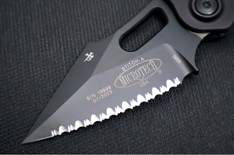 Microtech Stitch Auto Tactical - Wharncliffe Black Blade with Full Serrate / Black Aluminum Handle 169-3T - Northwest Knives