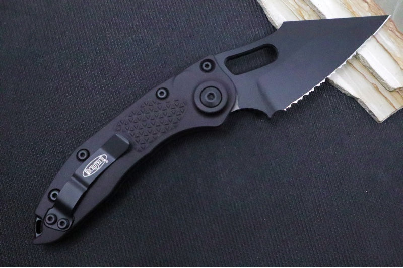 Microtech Stitch Auto Tactical - Wharncliffe Black Blade with Full Serrate / Black Aluminum Handle 169-3T