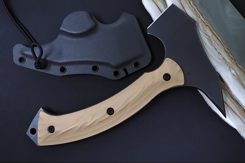 Toor Knives F13 Tommy Tomahawk Omaha Tan -  Blackwashed Finished Blade / D2 Steel / Ohama Tan G-10 Handle / Kydex Sheath 850061338174