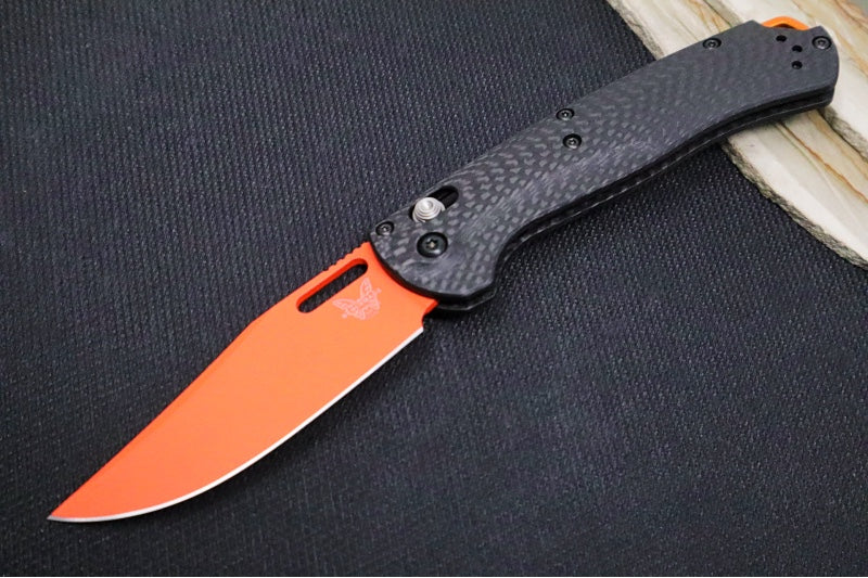 Benchmade 15535OR-01 Taggedout Manual Folder - CPM-Magnacut Steel / Clip Point Blade with Orange Cerakote / Black Carbon Fiber Handle - Northwest Knives