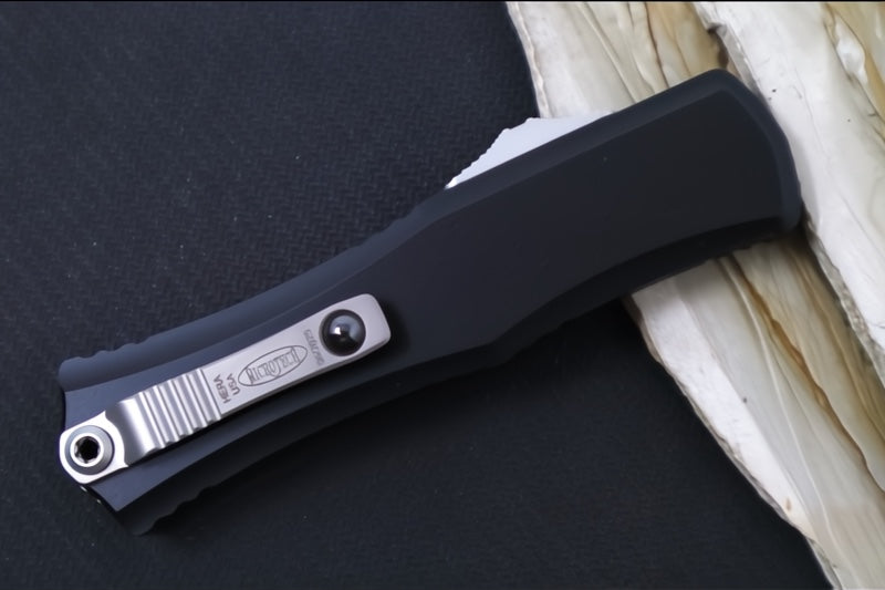 Microtech Mini Hera II OTF - Fully Serrated Dagger Blade / Stonewash Finish / Black Anodized Aluminum Handle 1702M-12