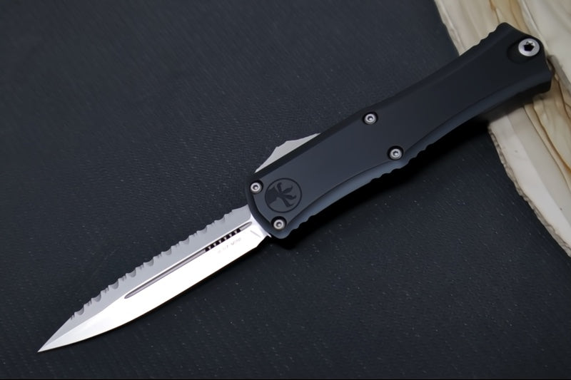 Microtech Mini Hera II OTF - Fully Serrated Dagger Blade / Stonewash Finish / Black Anodized Aluminum Handle 1702M-12