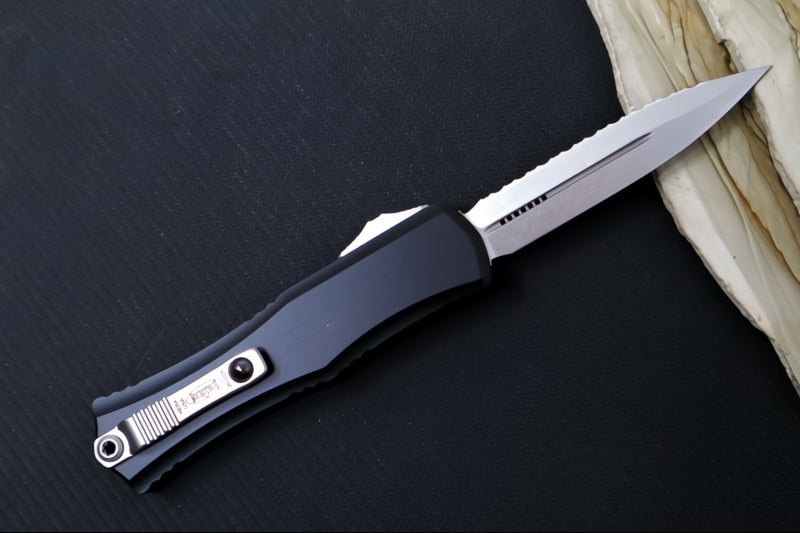 Microtech Mini Hera II OTF - Fully Serrated Dagger Blade / Stonewash Finish / Black Anodized Aluminum Handle 1702M-12