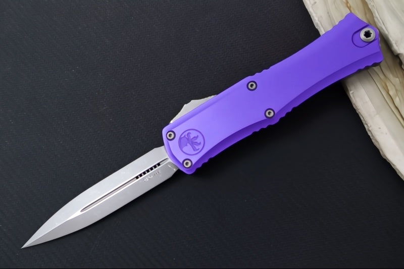 Microtech Mini Hera II OTF - Dagger Blade / Apocalyptic Finish / Purple Anodized Aluminum Handle 1702M-10APPU