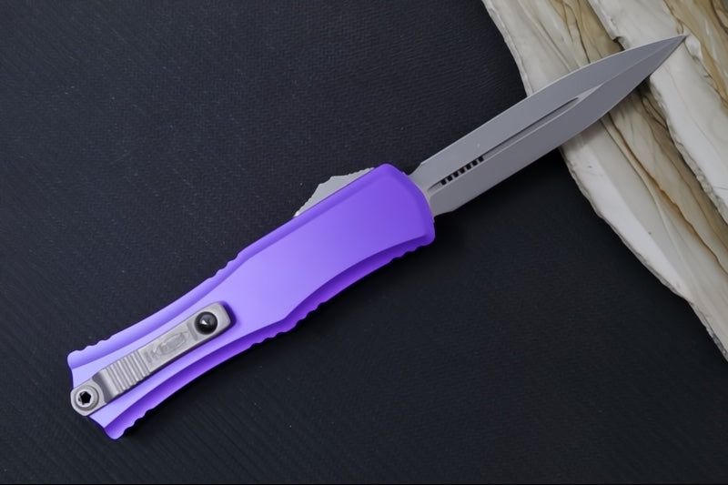 Microtech Mini Hera II OTF - Dagger Blade / Apocalyptic Finish / Purple Anodized Aluminum Handle 1702M-10APPU