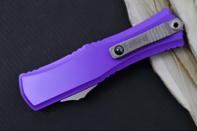 Microtech Mini Hera II OTF - Dagger Blade / Apocalyptic Finish / Purple Anodized Aluminum Handle 1702M-10APPU