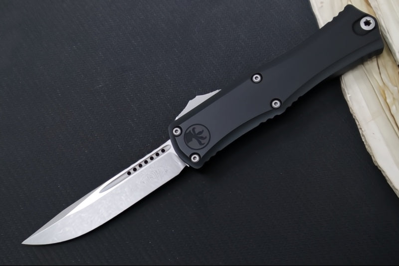 Microtech Mini Hera II OTF - Single Edge Blade / Apocalyptic Finish / Black Anodized Aluminum Handle 1703M-10AP - Northwest Knives