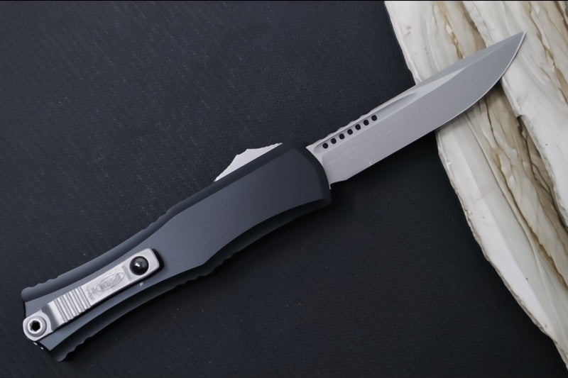Microtech Mini Hera II OTF - Single Edge Blade / Apocalyptic Finish / Black Anodized Aluminum Handle 1703M-10AP - Northwest Knives