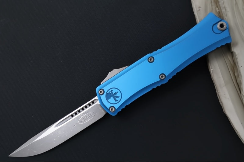 Microtech Mini Hera II OTF - Single Edge Blade / Apocalyptic Finish / Blue Anodized Aluminum Handle 1703M-10APBL - Northwest Knives