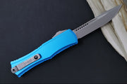 Microtech Mini Hera II OTF - Single Edge Blade / Apocalyptic Finish / Blue Anodized Aluminum Handle 1703M-10APBL - Northwest Knives