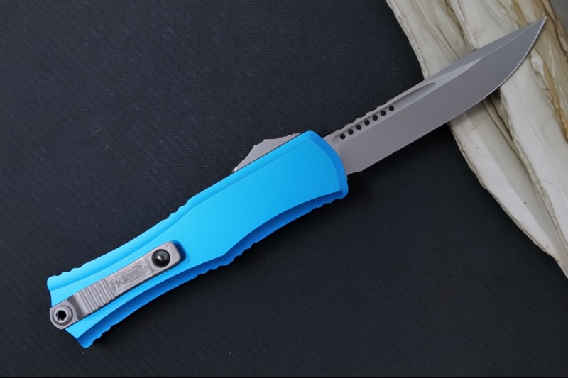 Microtech Mini Hera II OTF - Single Edge Blade / Apocalyptic Finish / Blue Anodized Aluminum Handle 1703M-10APBL - Northwest Knives