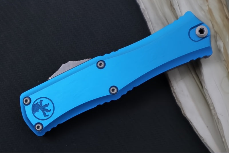 Microtech Mini Hera II OTF - Single Edge Blade / Apocalyptic Finish / Blue Anodized Aluminum Handle 1703M-10APBL - Northwest Knives