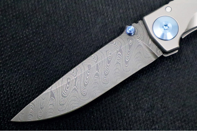 Spartan Blades HARSEY Titanium Folder 3.25 - Drop Point Blade / Damascus / Stonewashed Titanium Handle & Blue Ano Accents SF10DMBL