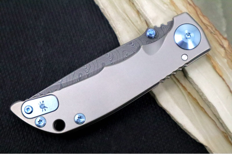 Spartan Blades HARSEY Titanium Folder 3.25 - Drop Point Blade / Damascus / Stonewashed Titanium Handle & Blue Ano Accents SF10DMBL