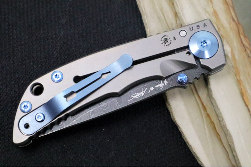 Spartan Blades HARSEY Titanium Folder 3.25 - Drop Point Blade / Damascus / Stonewashed Titanium Handle & Blue Ano Accents SF10DMBL