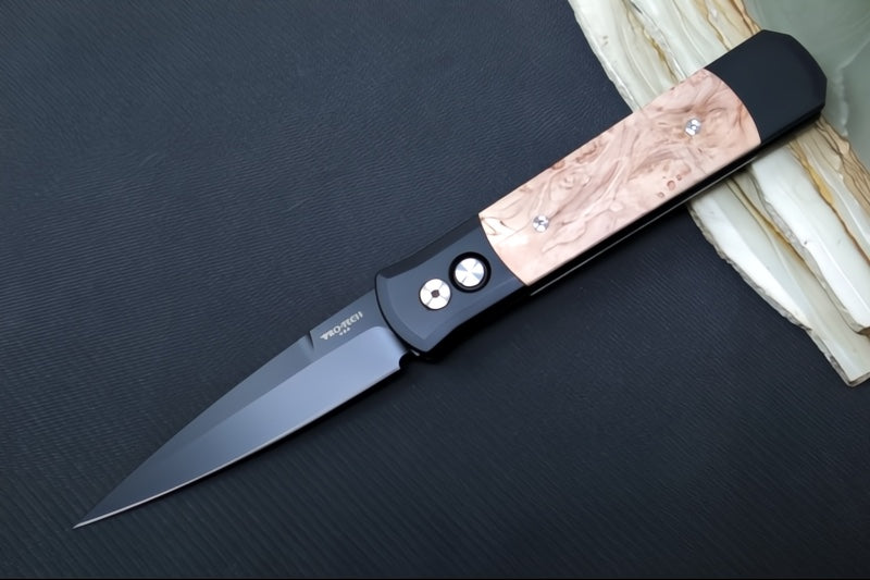 Pro Tech Godfather Auto - Black Anodized Aluminum Handle & Burl Wood Inlays / Black DLC Spearpoint Blade / CPM-154 Steel 906