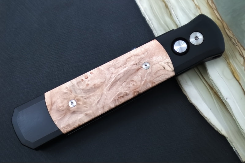 Pro Tech Godfather Auto - Black Anodized Aluminum Handle & Burl Wood Inlays / Black DLC Spearpoint Blade / CPM-154 Steel 906