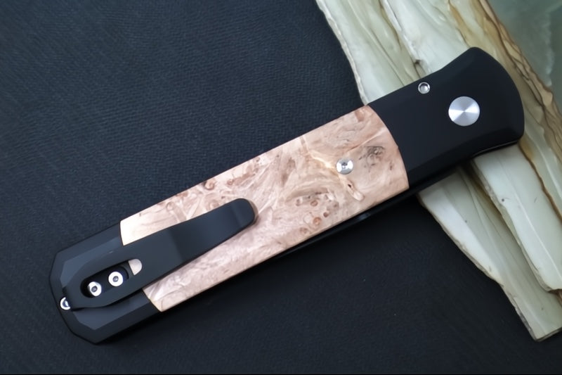 Pro Tech Godfather Auto - Black Anodized Aluminum Handle & Burl Wood Inlays / Black DLC Spearpoint Blade / CPM-154 Steel 906