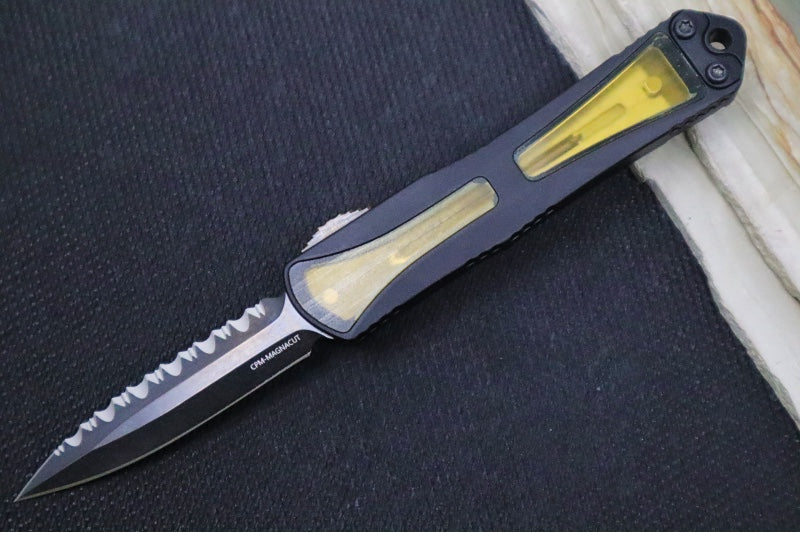 Heretic Knives Manticore S OTF - Ultem & Black Anodized Aluminum Handle / Black DLC Dagger with Full Serrates H024-6C-ULTEM