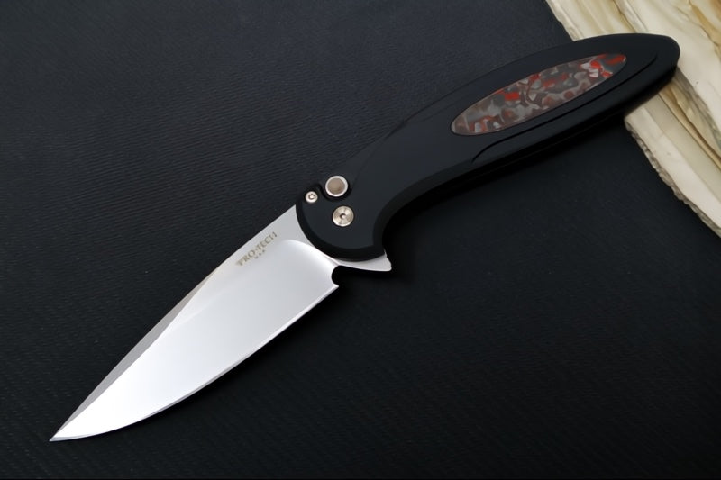 Pro Tech Cambria Flipper Limited - Black Anodized Aluminum Handle & TechnoCarbo Red Inlay / CPM-Magnacut Steel / Stonewashed Finish / Black Lip Pearl Button CF2101-LTDTCRed