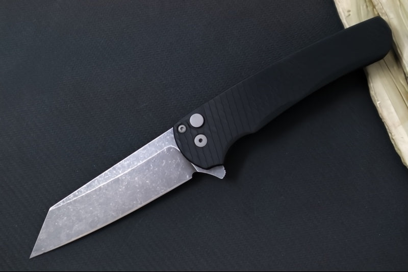 Pro Tech Malibu - "Dragon Scale" Black Anodized Aluminum Handle / Black Hardware & Clip / Acid Washed finish / Reverse Tanto Blade / CPM-Magnacut 5435-AW