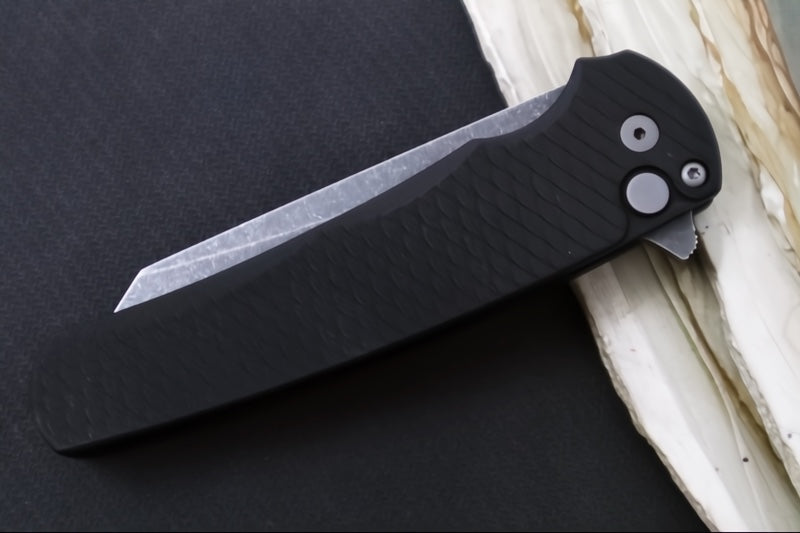 Pro Tech Malibu - "Dragon Scale" Black Anodized Aluminum Handle / Black Hardware & Clip / Acid Washed finish / Reverse Tanto Blade / CPM-Magnacut 5435-AW