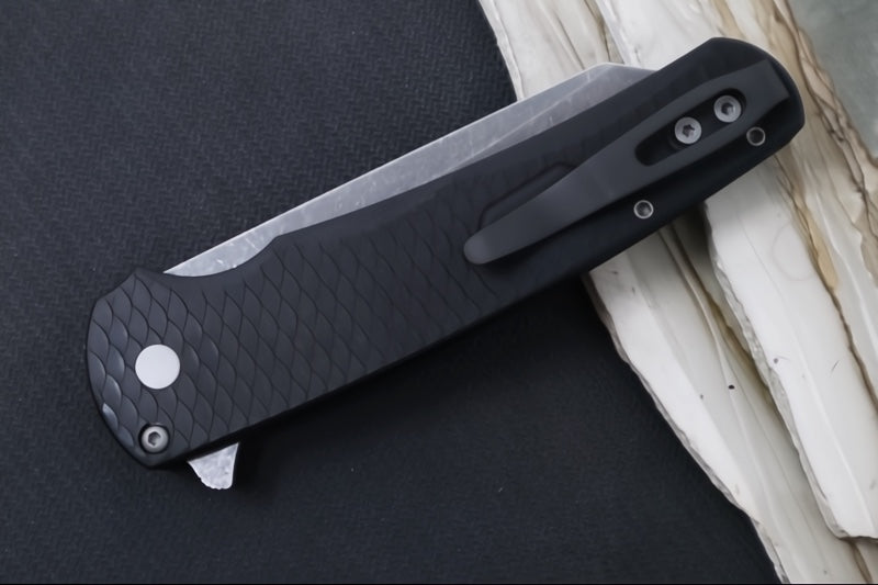 Pro Tech Malibu - "Dragon Scale" Black Anodized Aluminum Handle / Black Hardware & Clip / Acid Washed finish / Reverse Tanto Blade / CPM-Magnacut 5435-AW