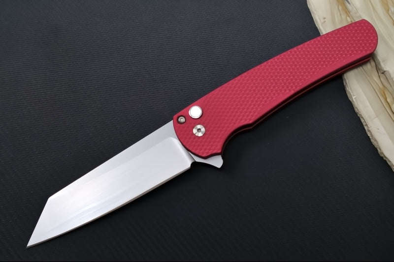 Pro Tech Malibu - Reverse Tanto Blade / Stonewash Finish / Red Textured Aluminum Handle / Gold Lip Pearl Button 5405LTD-RED