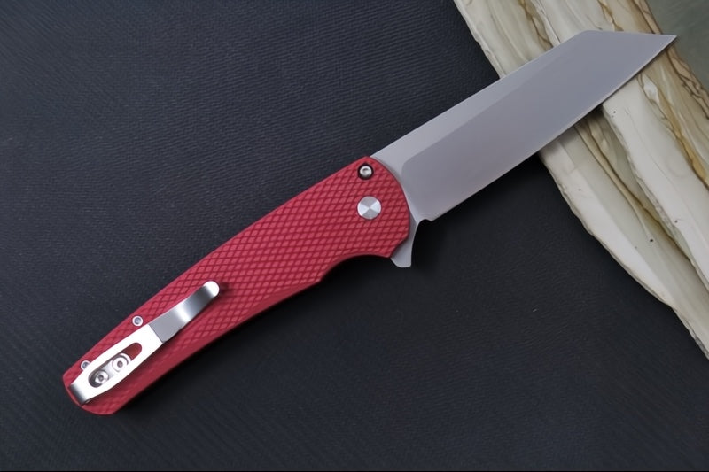 Pro Tech Malibu - Reverse Tanto Blade / Stonewash Finish / Red Textured Aluminum Handle / Gold Lip Pearl Button 5405LTD-RED
