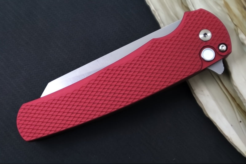 Pro Tech Malibu - Reverse Tanto Blade / Stonewash Finish / Red Textured Aluminum Handle / Gold Lip Pearl Button 5405LTD-RED