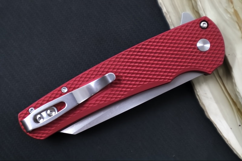 Pro Tech Malibu - Reverse Tanto Blade / Stonewash Finish / Red Textured Aluminum Handle / Gold Lip Pearl Button 5405LTD-RED