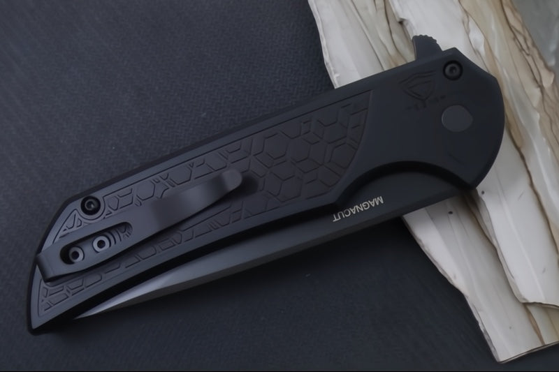 Pro Tech Mordax - Drop Point / Black DLC Finished CPM-Magnacut blade / "Gridlock" Black Anodized Aluminum Handle MX106-Gridlock