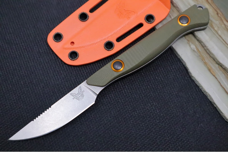 Benchmade 15700-01 Flyway - Straight Back Blade / CPM-S90V Steel / OD Green G-10 Handle Scales & Orange Anodized Accents / Boltaron Sheath - Northwest Knives