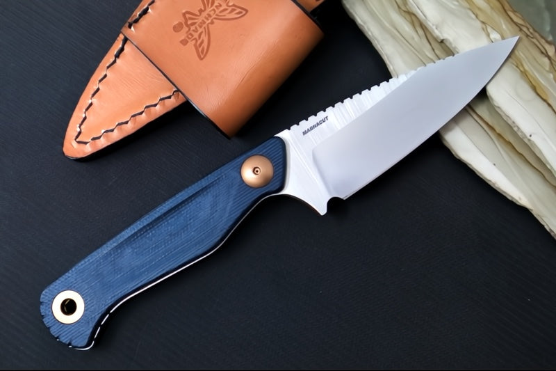 Benchmade 203-04 Dacian Pocket Fixed Blade - CPM-Magnacut Steel / Stonewashed Blade / Blue Denium Micarta Handle / Copper Accents